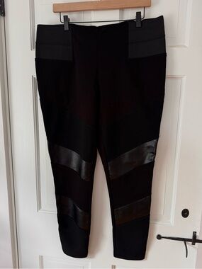 Black Leggings with Diagonal Faux/Vegan Leather Panels - Plus Size 1X